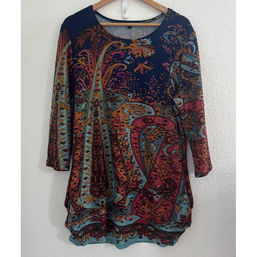 Funsport Tunic Ruched Sides Top Womens L Paisley Boho‎ Lagenlook Art to Wear